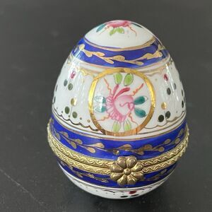 Porcelain Egg Trinket Box Hand Painted  Blue Gold Pink Floral Jewelry Ring Box